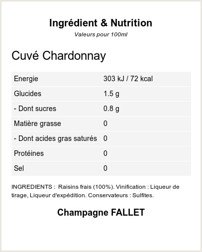 Brut Cuve Chardonnay - Ingrdients et Nutrition - QR-VIN.com