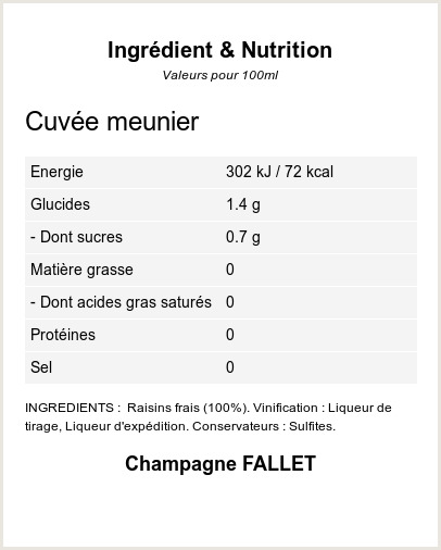 Brut Meunier - Ingrdients et Nutrition - QR-VIN.com