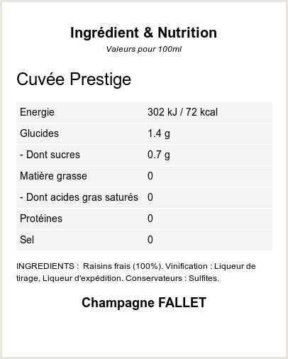 Brut Prestige Magnum - Ingrdients et Nutrition - QR-VIN.com